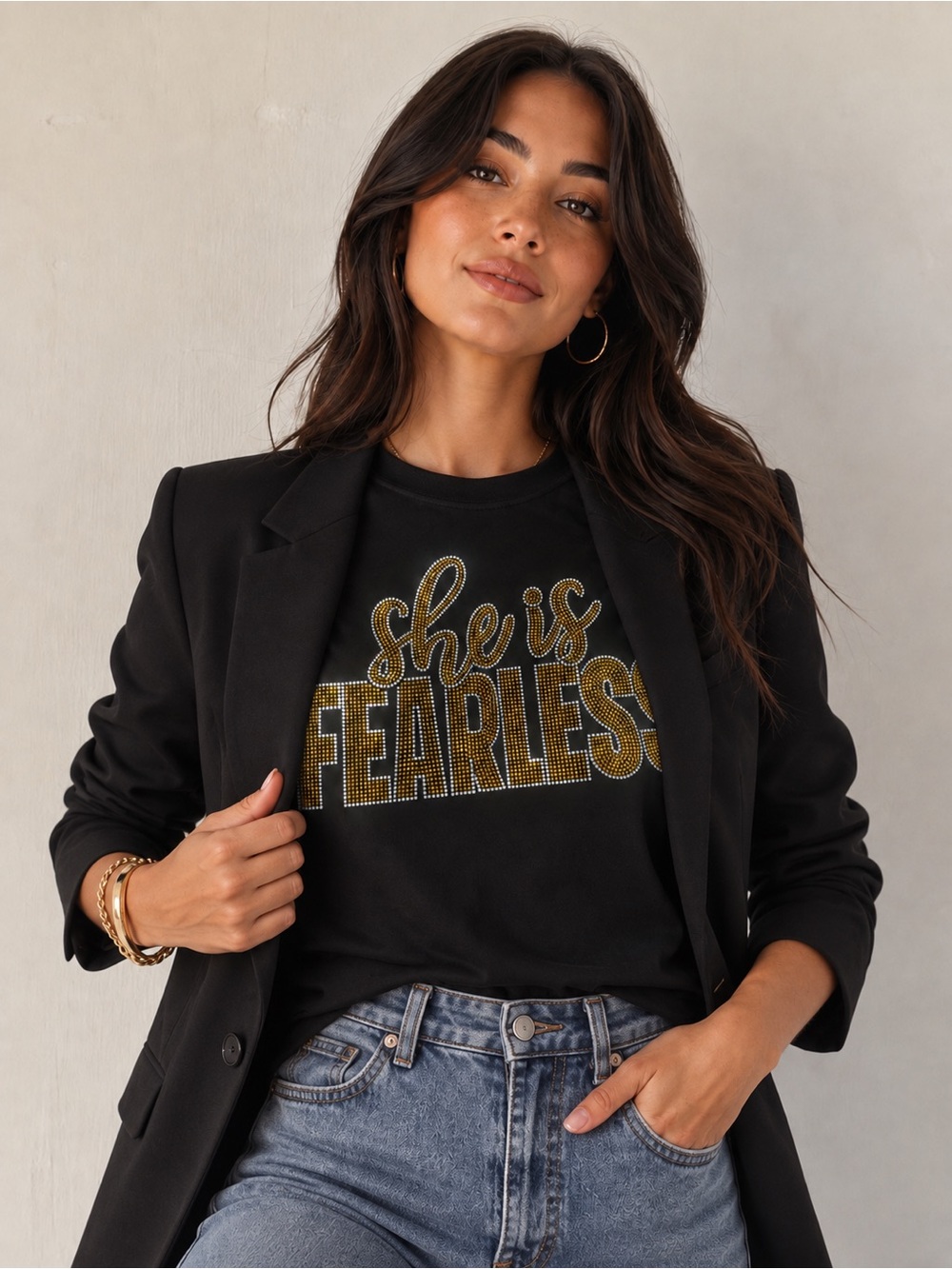Comfort Colors Black Tee with Gold Rhinestone "She Is Fearless"